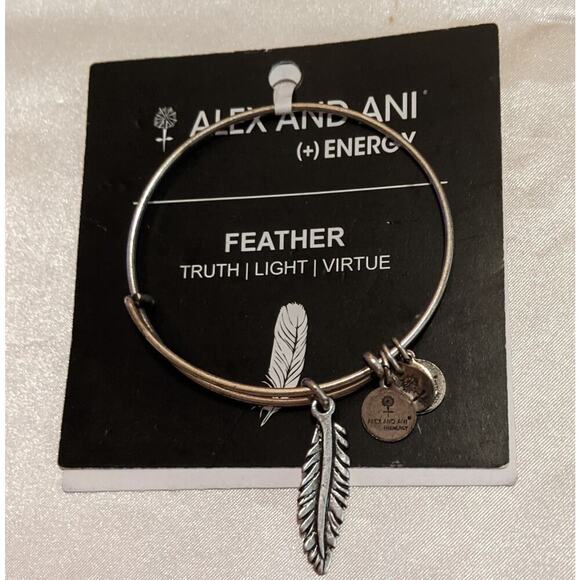 Alex and Ani SMALL FEATHER Charm Bangle Bracelet NWT Rafaelian Silver Adjustable - Picture 1 of 3